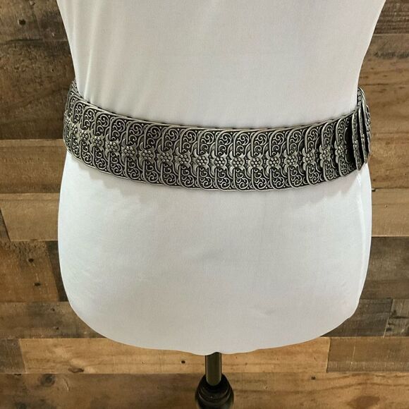 Vintage Belt Rocker Biker Large Ornate Buckle Pewter Toned Floral Turquoise 30” - Picture 8 of 9